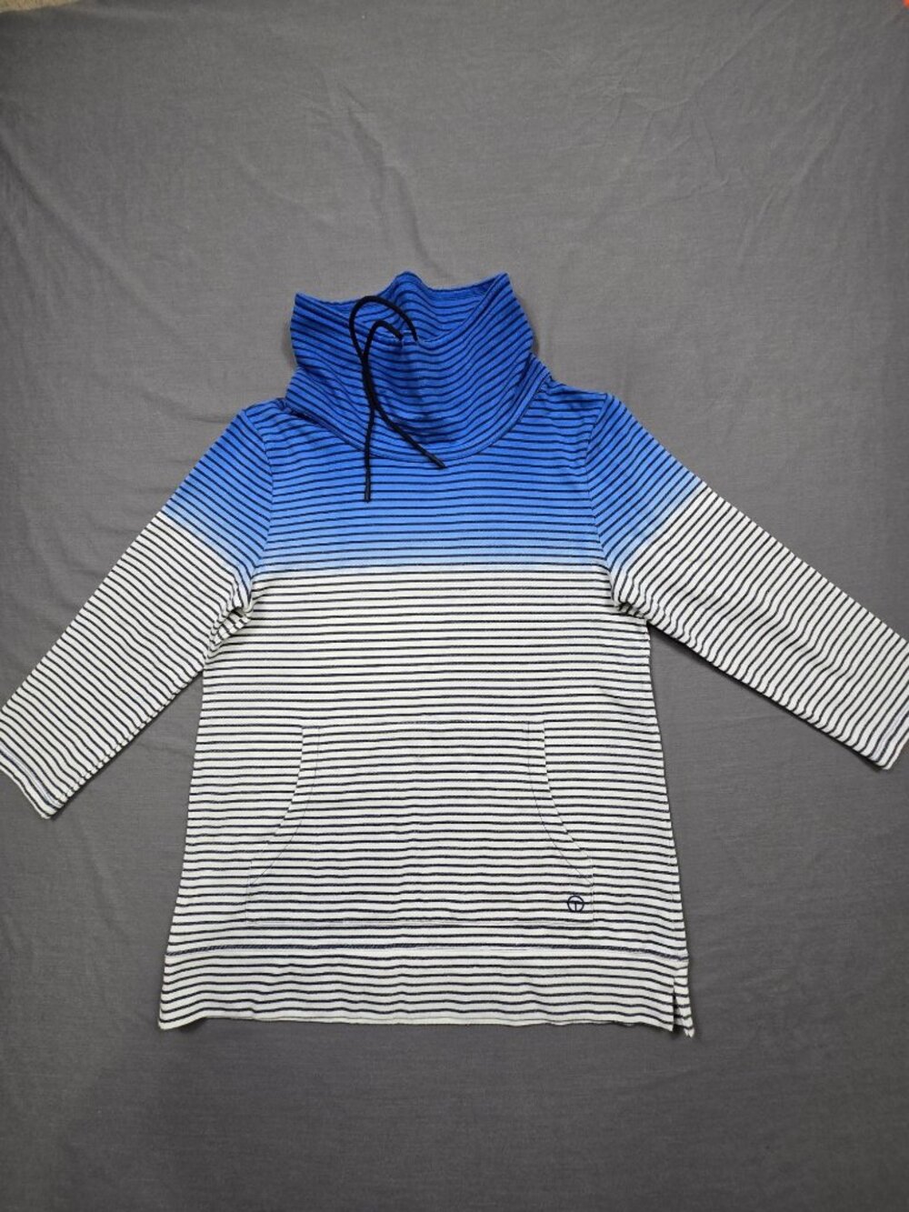 T By Talbots Small Pullover Striped Cowl Neck Gradient Blue White Top Knit